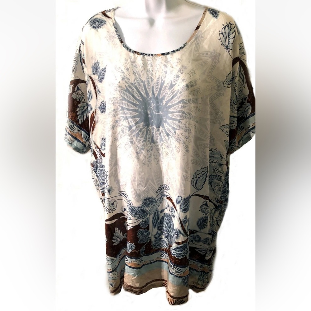 Johnny Was Teal and Beige Patterned Top
